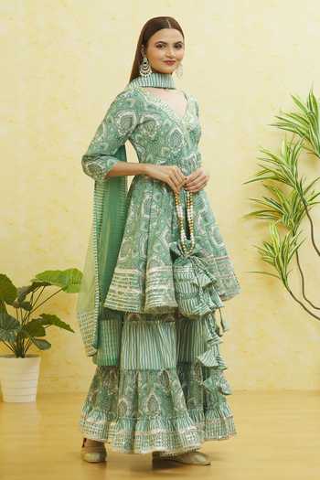 Samyukta Singhania_Green Cotton Gota Patti Scoop Neck Mughal Print Anarkali Sharara Set _at_Aza_Fashions