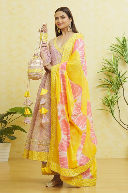 Samyukta Singhania Yellow Cotton Embroidered Gota V Neck Anarkali Pant Set 