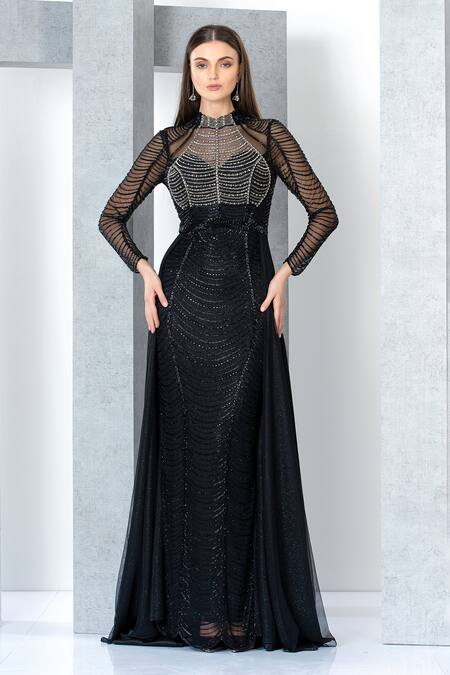 Eli Bitton_Black Polyester Cut Work, Beads, Crystals High Neck Embellished Gown _Online_at_Aza_Fashions