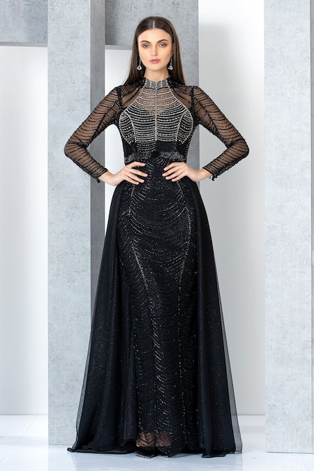 Buy_Eli Bitton_Black Polyester Cut Work, Beads, Crystals High Neck Embellished Gown _Online_at_Aza_Fashions