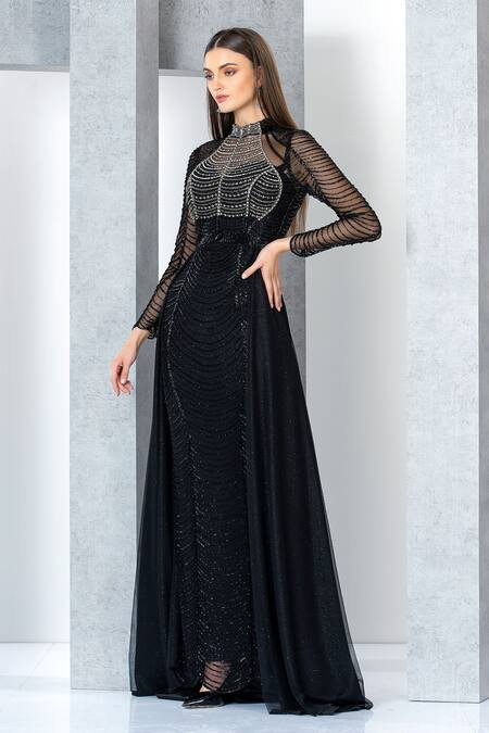 Shop_Eli Bitton_Black Polyester Cut Work, Beads, Crystals High Neck Embellished Gown _Online_at_Aza_Fashions