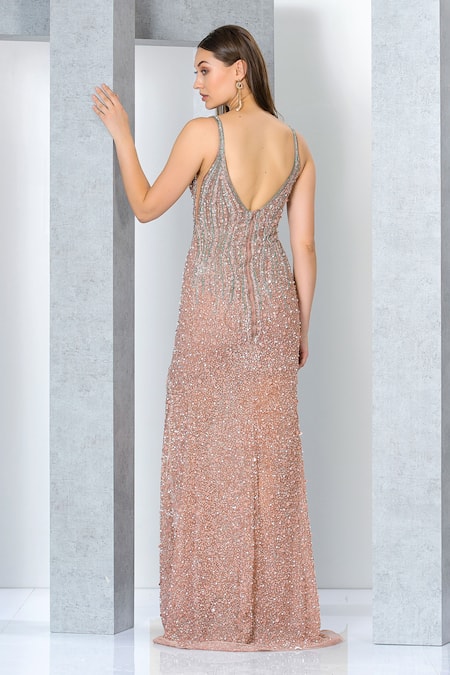 Shop Eli Bitton Peach Net, Polyester Sequins Sweetheart Neck Crystal And Pearl Embroidered Gown at Aza Fashions Shop_Eli Bitton_Peach Net, Polyester Sequins Sweetheart Neck Crystal And Pearl Embroidered Gown _at_Aza_Fashions