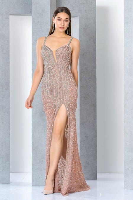 Eli Bitton Peach Net, Polyester Sequins Sweetheart Neck Crystal And Pearl Embroidered Gown Online at Aza Fashions Eli Bitton_Peach Net, Polyester Sequins Sweetheart Neck Crystal And Pearl Embroidered Gown _Online_at_Aza_Fashions