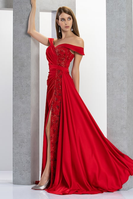 Eli Bitton Red Net, Satin, Polyester Sequins, Beads Placement Geometric Embroidered Gown Online at Aza Fashions Eli Bitton_Red Net, Satin, Polyester Sequins, Beads Placement Geometric Embroidered Gown _Online_at_Aza_Fashions