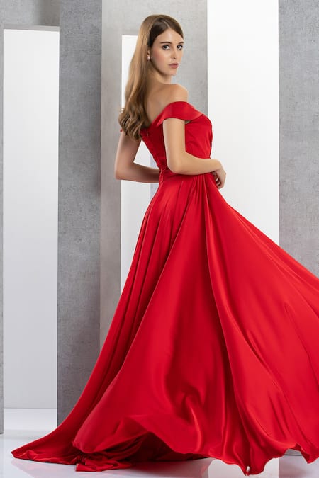 Buy Eli Bitton Red Net, Satin, Polyester Sequins, Beads Placement Geometric Embroidered Gown Online at Aza Fashions Buy_Eli Bitton_Red Net, Satin, Polyester Sequins, Beads Placement Geometric Embroidered Gown _Online_at_Aza_Fashions