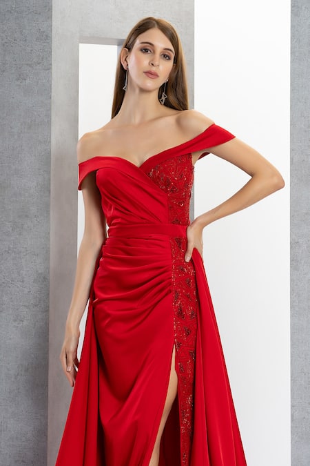 Shop Eli Bitton Red Net, Satin, Polyester Sequins, Beads Placement Geometric Embroidered Gown Online at Aza Fashions Shop_Eli Bitton_Red Net, Satin, Polyester Sequins, Beads Placement Geometric Embroidered Gown _Online_at_Aza_Fashions