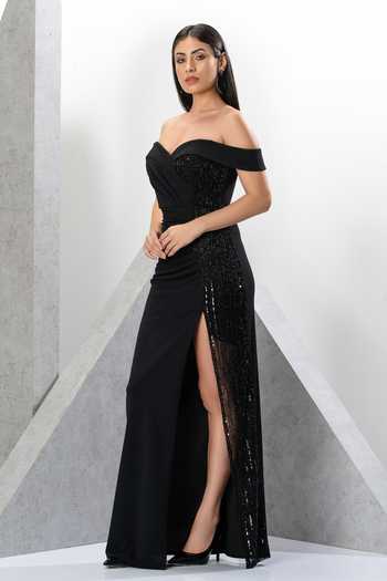 Buy_Eli Bitton_Black Crepe Beads, Cut Work Asymmetric Placement Embroidered Gown _Online_at_Aza_Fashions