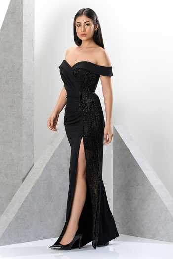 Shop_Eli Bitton_Black Crepe Beads, Cut Work Asymmetric Placement Embroidered Gown _Online_at_Aza_Fashions