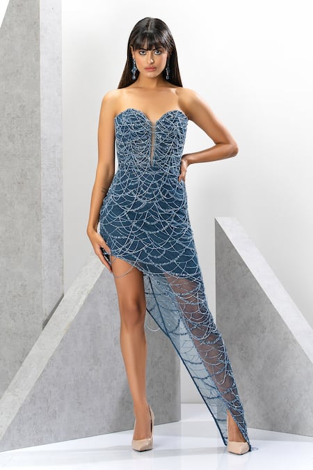 Eli Bitton_Blue Polyester Sequins, Crystals Sweetheart Neck Scallop Fringe Embroidered Gown _Online_at_Aza_Fashions