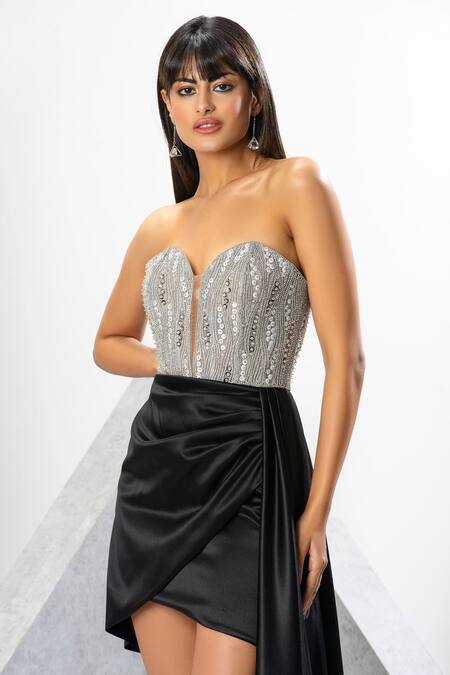 Buy_Eli Bitton_Black Net, Polyester Sequins, Crystals Sweetheart Embroidered Satin Tail Gown 