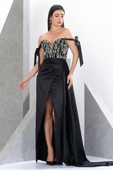 Eli Bitton_Black Net, Polyester Pearls, Crystals Sweetheart Neck And Embroidered Bodice Gown _Online_at_Aza_Fashions