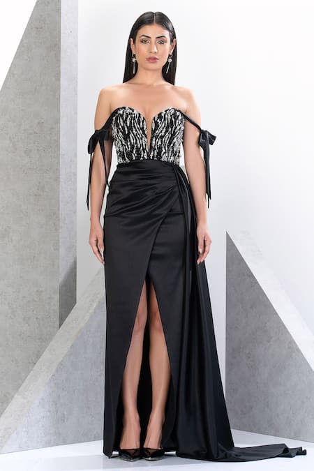 Buy_Eli Bitton_Black Net, Polyester Pearls, Crystals Sweetheart Neck And Embroidered Bodice Gown _Online_at_Aza_Fashions