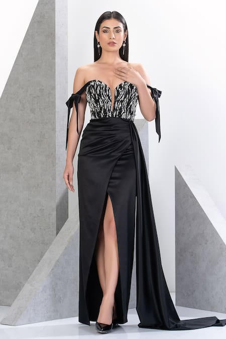 Eli Bitton_Black Net, Polyester Pearls, Crystals Sweetheart Neck And Embroidered Bodice Gown _at_Aza_Fashions