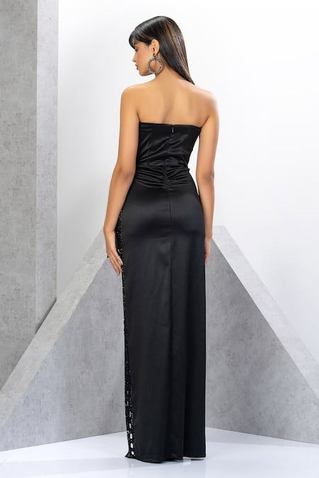 Shop Eli Bitton Black Polyester, Net, Satin Sequins, Strapless Placement Embroidered Gown at Aza Fashions Shop_Eli Bitton_Black Polyester, Net, Satin Sequins, Strapless Placement Embroidered Gown _at_Aza_Fashions