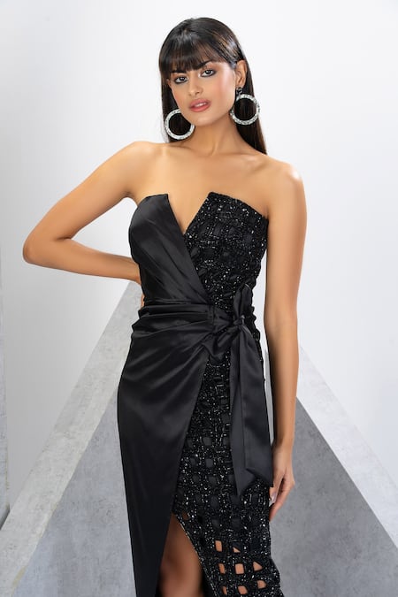 Eli Bitton Black Polyester, Net, Satin Sequins, Strapless Placement Embroidered Gown at Aza Fashions Eli Bitton_Black Polyester, Net, Satin Sequins, Strapless Placement Embroidered Gown _at_Aza_Fashions