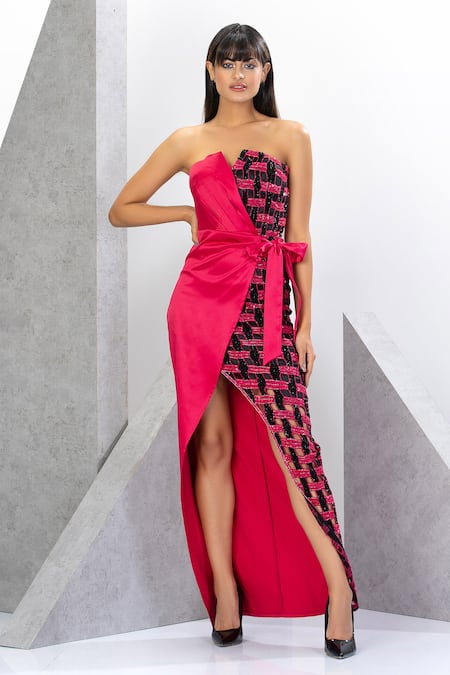 Eli Bitton Strapless Chequered Placement Embroidered Gown 