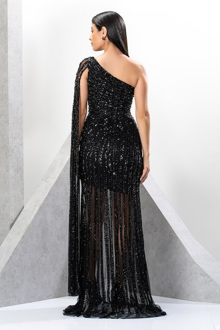 Shop Eli Bitton Black Polyester, Lycra Sequins, Crystals Embroidered One Shoulder Gown at Aza Fashions Shop_Eli Bitton_Black Polyester, Lycra Sequins, Crystals Embroidered One Shoulder Gown _at_Aza_Fashions