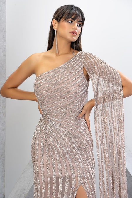 Eli Bitton Peach Polyester, Lycra Sequins, Crystals And Embroidered One Shoulder Gown at Aza Fashions Eli Bitton_Peach Polyester, Lycra Sequins, Crystals And Embroidered One Shoulder Gown _at_Aza_Fashions