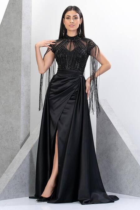 Buy_Eli Bitton_Black Net, Satin Sequins, Cut Work Princess Fringe Embroidered Gown With Skirt _Online_at_Aza_Fashions