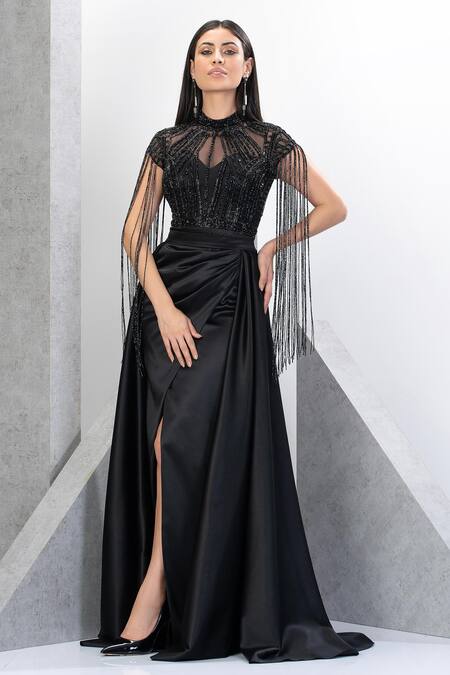 Shop_Eli Bitton_Black Net, Satin Sequins, Cut Work Princess Fringe Embroidered Gown With Skirt _Online_at_Aza_Fashions