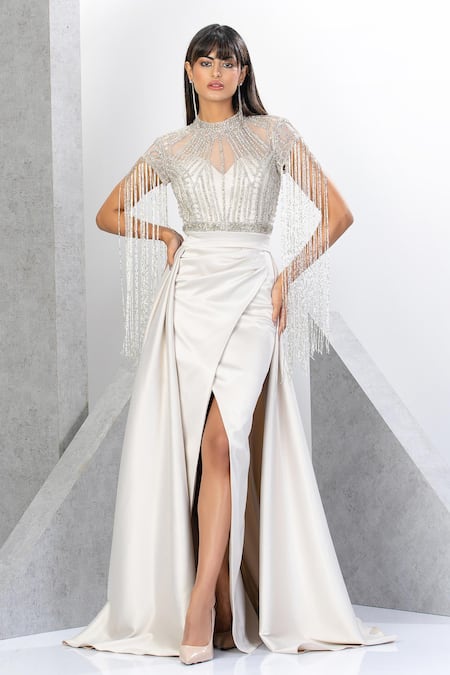 Eli Bitton_White Net, Satin Cut Work, Sequins High Princess Embroidered Gown With Skirt _Online_at_Aza_Fashions