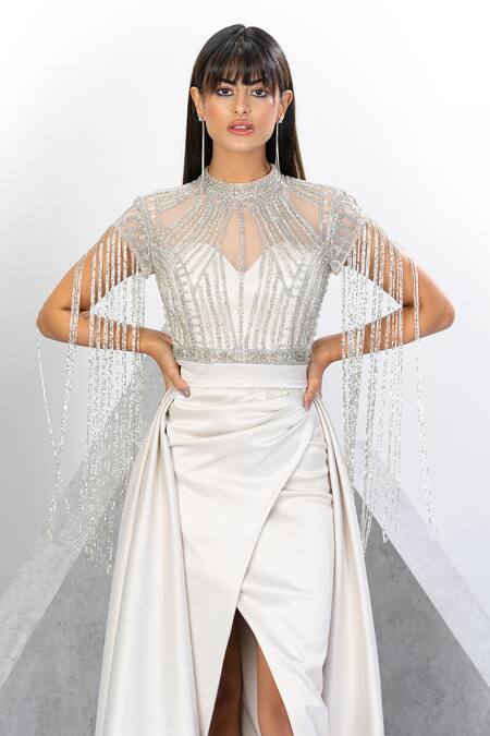 Shop_Eli Bitton_White Net, Satin Cut Work, Sequins High Princess Embroidered Gown With Skirt _Online_at_Aza_Fashions