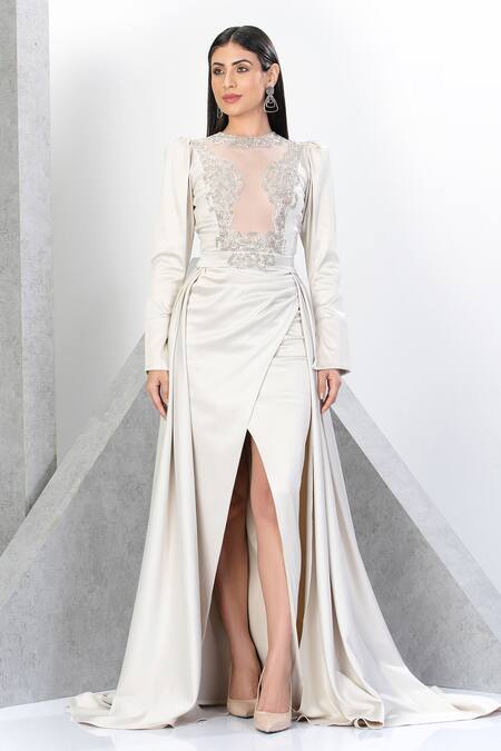 Eli Bitton White Net, Polyester, Satin Sequins, Crystals Round Mesh Bodice Gown With Skirt Online at Aza Fashions Eli Bitton_White Net, Polyester, Satin Sequins, Crystals Round Mesh Bodice Gown With Skirt _Online_at_Aza_Fashions