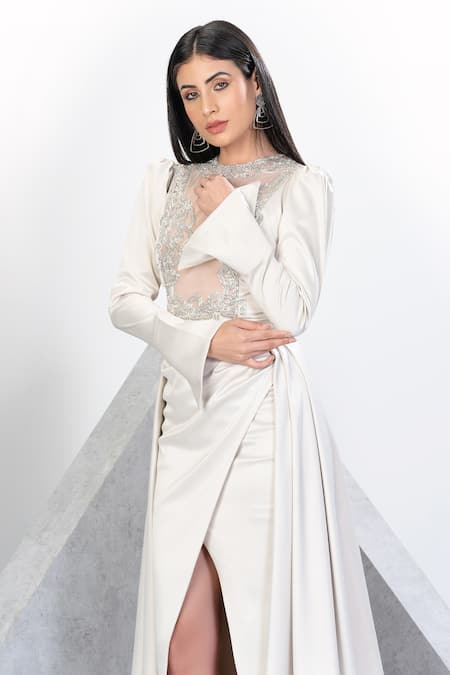 Buy Eli Bitton White Net, Polyester, Satin Sequins, Crystals Round Mesh Bodice Gown With Skirt Online at Aza Fashions Buy_Eli Bitton_White Net, Polyester, Satin Sequins, Crystals Round Mesh Bodice Gown With Skirt _Online_at_Aza_Fashions