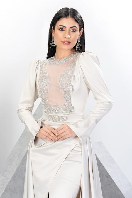 Shop Eli Bitton White Net, Polyester, Satin Sequins, Crystals Round Mesh Bodice Gown With Skirt Online at Aza Fashions Shop_Eli Bitton_White Net, Polyester, Satin Sequins, Crystals Round Mesh Bodice Gown With Skirt _Online_at_Aza_Fashions