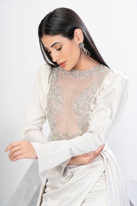 Eli Bitton White Net, Polyester, Satin Sequins, Crystals Round Mesh Bodice Gown With Skirt at Aza Fashions Eli Bitton_White Net, Polyester, Satin Sequins, Crystals Round Mesh Bodice Gown With Skirt _at_Aza_Fashions