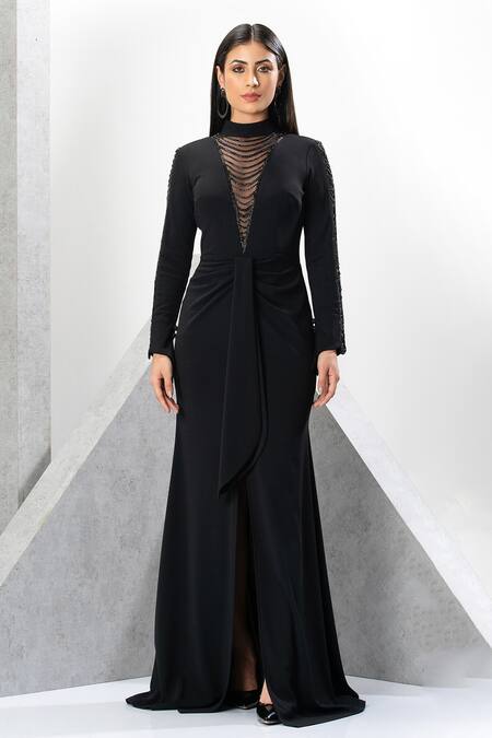 Eli Bitton_Black Crepe, Net Cut Work, Crystals High Neck Placement Embroidered Gown _Online_at_Aza_Fashions