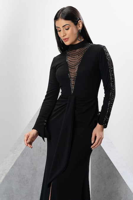 Shop_Eli Bitton_Black Crepe, Net Cut Work, Crystals High Neck Placement Embroidered Gown _Online_at_Aza_Fashions