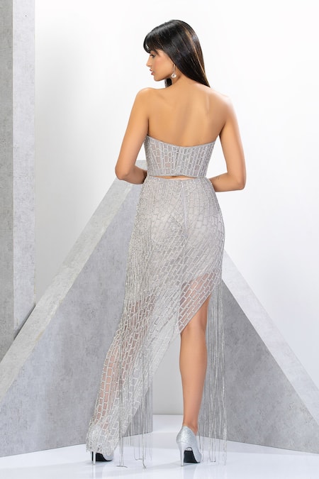 Eli Bitton Strapless Asymmetrical Crystal Embroidered Gown 