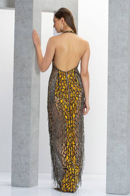 Shop_Eli Bitton_Yellow Net Sequins Plunge Neck Miss Universe Geometric Embroidered Gown _at_Aza_Fashions