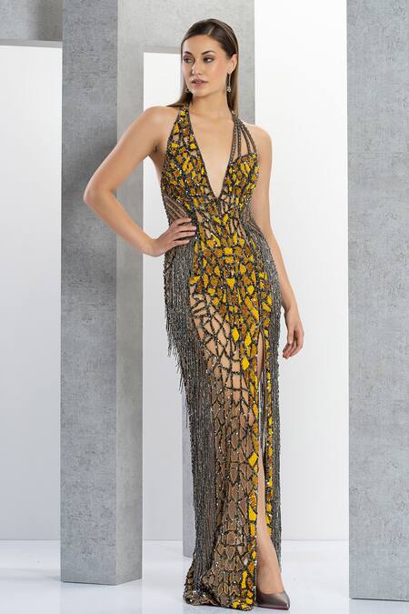 Eli Bitton_Yellow Net Sequins Plunge Neck Miss Universe Geometric Embroidered Gown _Online_at_Aza_Fashions
