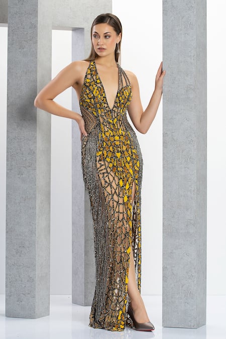 Buy_Eli Bitton_Yellow Net Sequins Plunge Neck Miss Universe Geometric Embroidered Gown _Online_at_Aza_Fashions