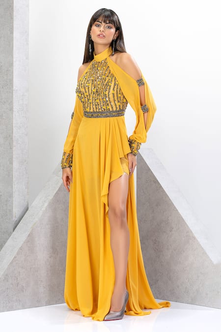 Buy Traditional Wear Yellow Embroidery Work Chinnon Georgette Gown Online  From Surat Wholesale Shop.