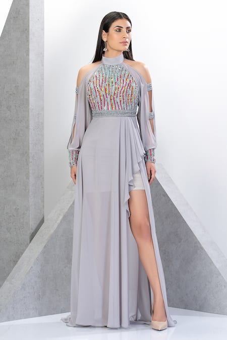 Eli Bitton_Silver Chiffon, Polyester Beads Round Neck Cold Shoulder Embroidered Gown _Online_at_Aza_Fashions