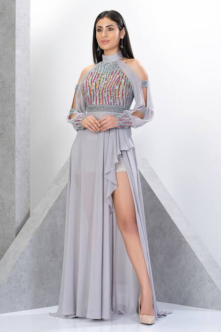 Buy_Eli Bitton_Silver Chiffon, Polyester Beads Round Neck Cold Shoulder Embroidered Gown _Online_at_Aza_Fashions