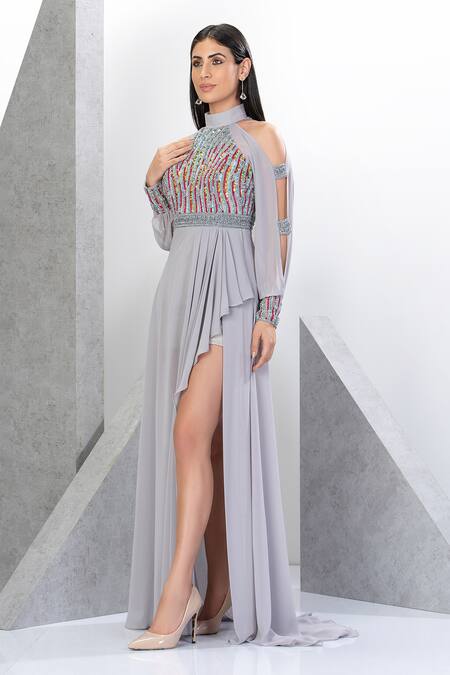 Shop_Eli Bitton_Silver Chiffon, Polyester Beads Round Neck Cold Shoulder Embroidered Gown _Online_at_Aza_Fashions