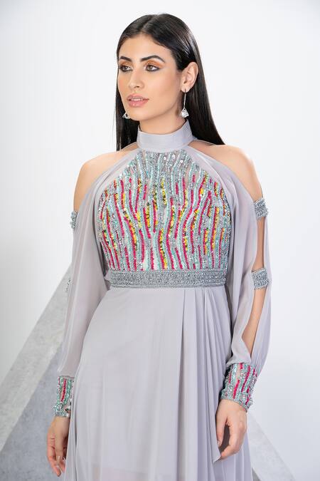 Eli Bitton_Silver Chiffon, Polyester Beads Round Neck Cold Shoulder Embroidered Gown _at_Aza_Fashions
