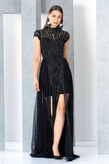 Eli Bitton_Black Polyester Beads Round Neck Hand Embroidered Gown _Online_at_Aza_Fashions
