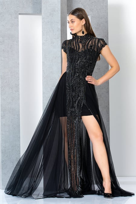 Buy_Eli Bitton_Black Polyester Beads Round Neck Hand Embroidered Gown _Online_at_Aza_Fashions