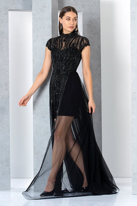 Shop_Eli Bitton_Black Polyester Beads Round Neck Hand Embroidered Gown _Online_at_Aza_Fashions