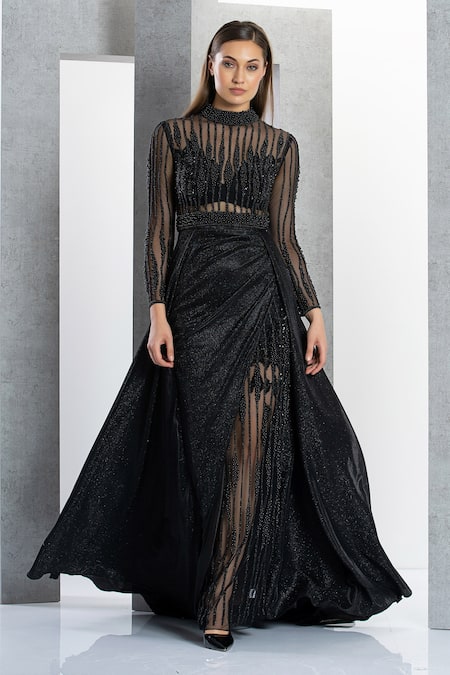 Eli Bitton Black Polyester Pearls Round Neck Embroidered Gown Online at Aza Fashions Eli Bitton_Black Polyester Pearls Round Neck Embroidered Gown _Online_at_Aza_Fashions