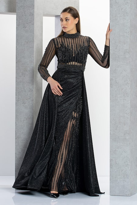BLACK SHEER FIT AND FLAIR LONG GOWN WITH RHINESTONES AND A BLAZER – Le  Obsession Boutique