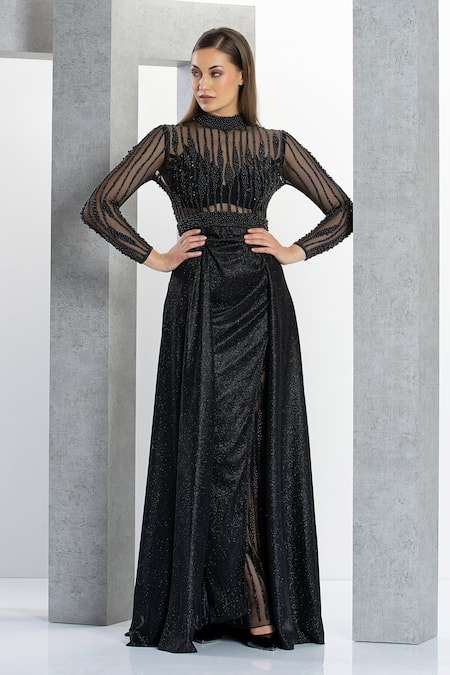 Shop Eli Bitton Black Polyester Pearls Round Neck Embroidered Gown Online at Aza Fashions Shop_Eli Bitton_Black Polyester Pearls Round Neck Embroidered Gown _Online_at_Aza_Fashions