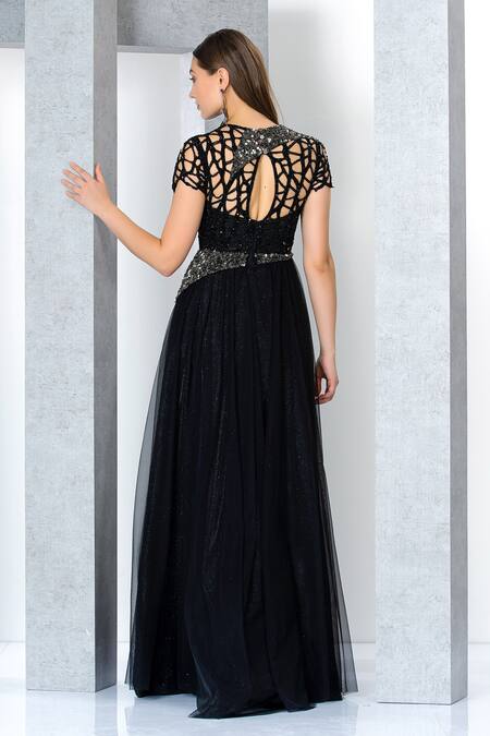 Shop Eli Bitton Black Net, Lurex Sequins, Beads Round Neck Embroidered Gown at Aza Fashions Shop_Eli Bitton_Black Net, Lurex Sequins, Beads Round Neck Embroidered Gown_at_Aza_Fashions