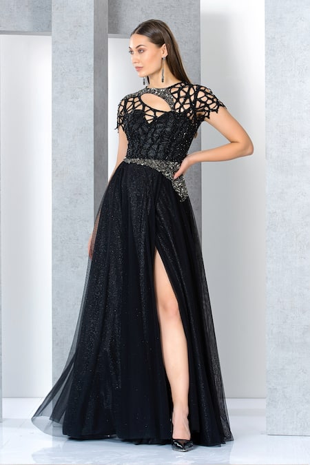 Eli Bitton Black Net, Lurex Sequins, Beads Round Neck Embroidered Gown Online at Aza Fashions Eli Bitton_Black Net, Lurex Sequins, Beads Round Neck Embroidered Gown_Online_at_Aza_Fashions