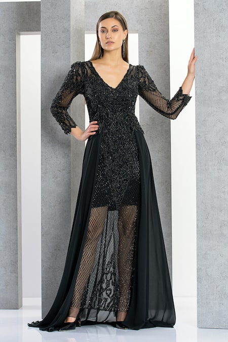 Exquisite Black Zari Embroidered Net Gown With Dupatta | Net gowns, Black  anarkali, Modest evening dress